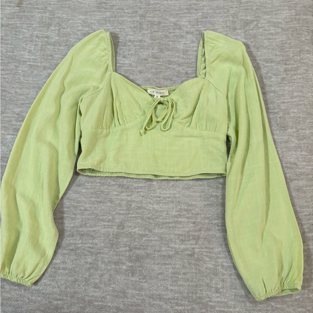 La Hearts Light Green Puff Sleeve Crop Top